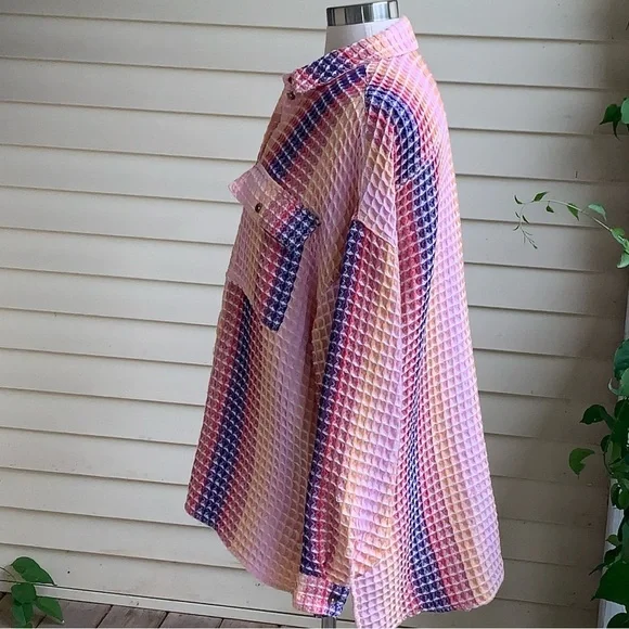 Urban Outfitters BDG S Rainbow Waffle Texture Button Up Shirt Jacket Oversized - Picture 5 of 10